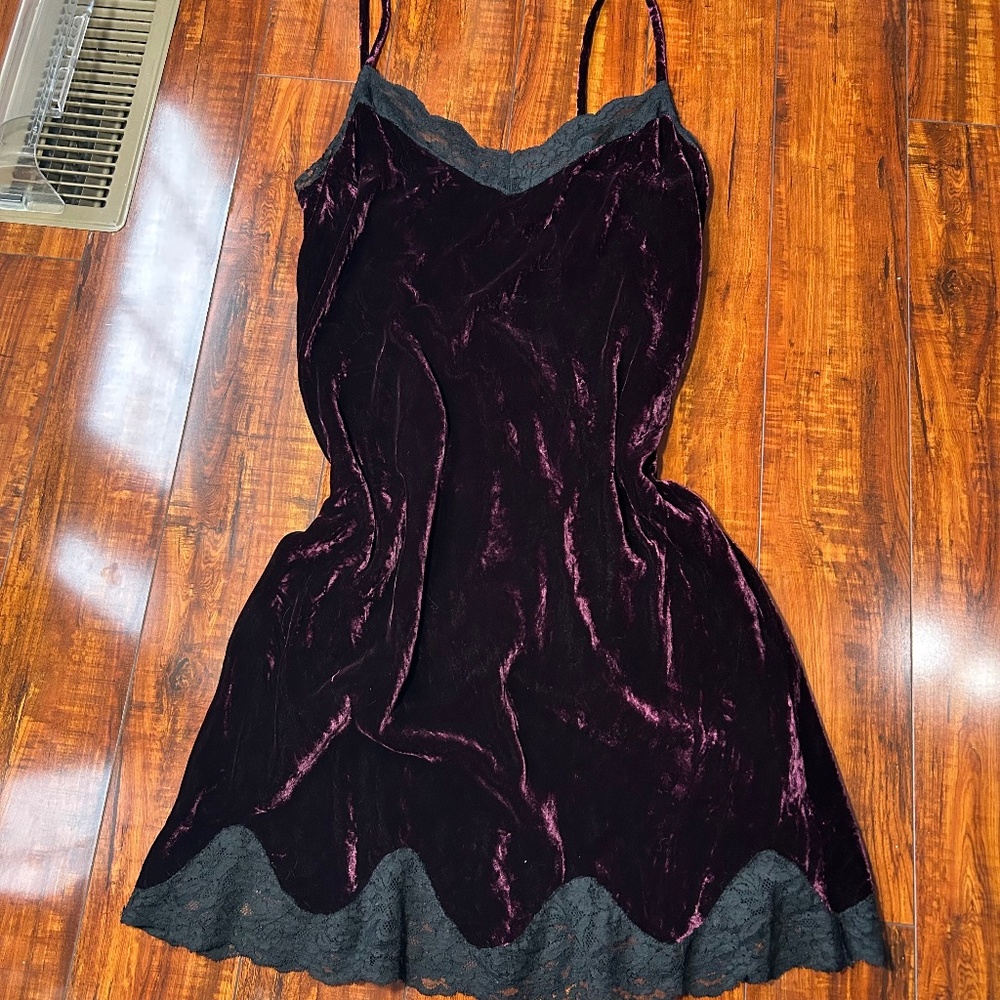 Vintage Polo Ralph Lauren Silk Maroon Purple Velvet Night Dress Slip Lace